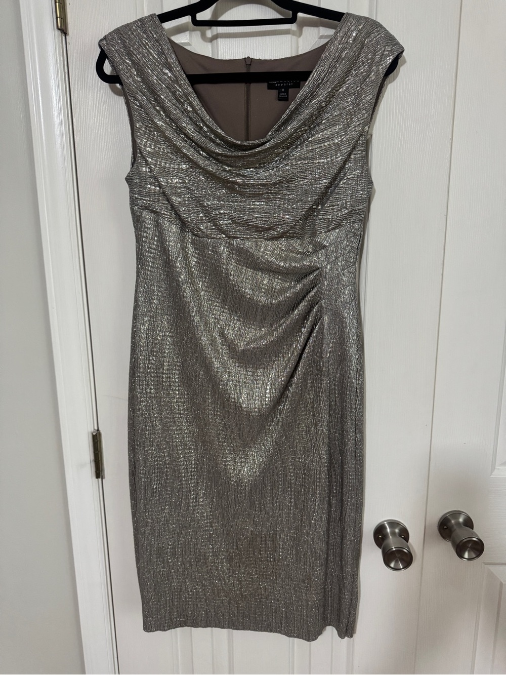 Connected Apparel Metallic Pewter Grecian Drape Neck Midi Dress